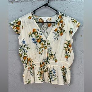 Time & Tru Peplum V-neck Citrus Print Short Ruffled Sleeve Blouse Top Size Large
